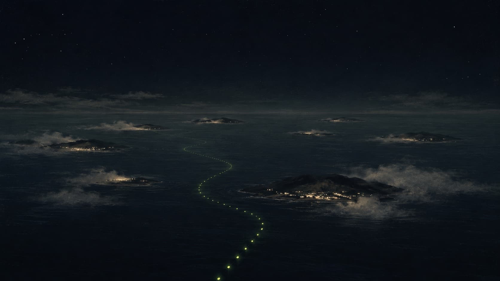 El archipiélago del mundo del trabajo, de noche, con un camino de luces cruzando el mar hacia las islas